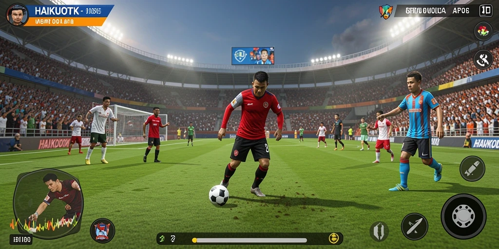 Tampilan utama gameplay HAIKUOTK menampilkan aksi seru sepak bola.