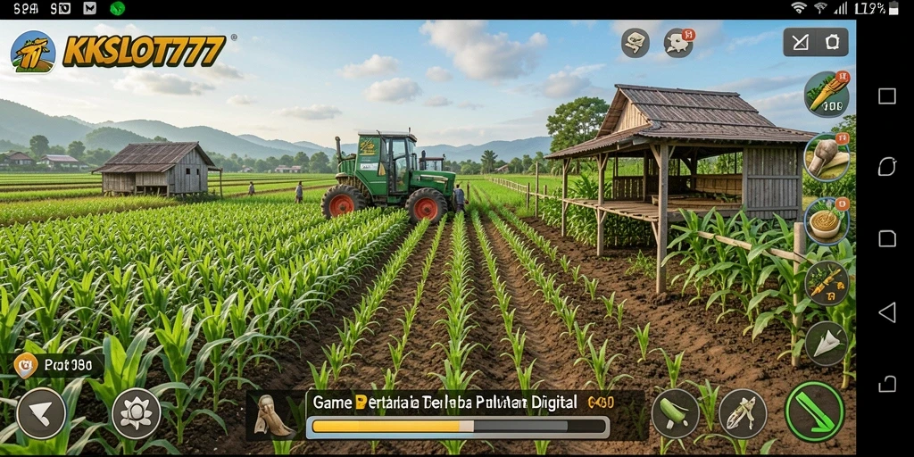 Screenshot gameplay KKSLOT777 yang menunjukkan ladang subur dan aktivitas pertanian.