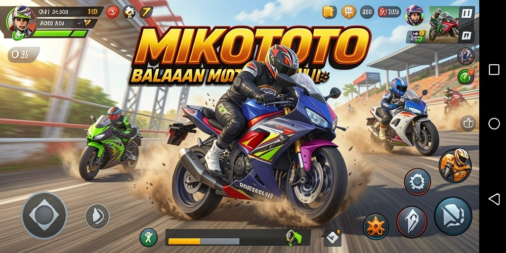 Screenshot gameplay MIKOTOTO menampilkan aksi balapan motor yang seru.