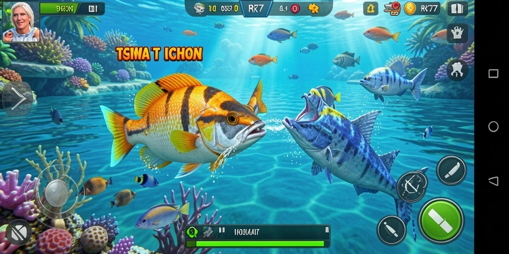 Screenshot utama RK77 menunjukkan aksi menangkap ikan yang seru dan mendebarkan.