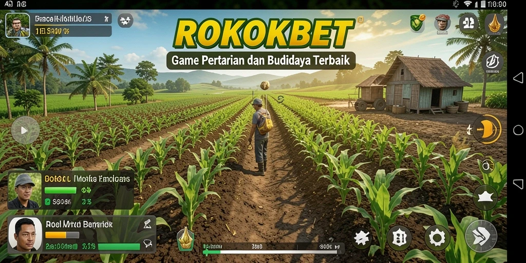 Tangkapan layar utama ROKOKBET menampilkan aktivitas bertani dengan tanaman yang subur.