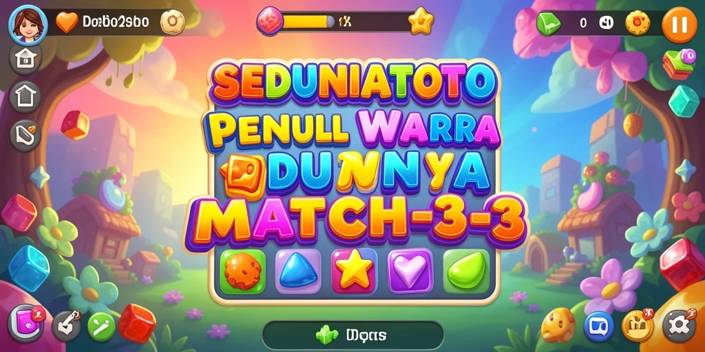 Tampilan permainan SEDUNIATOTO dengan berbagai karakter dan permata berwarna.