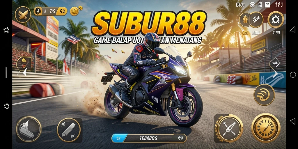 Tampilan gameplay SUBUR88 yang penuh aksi dan keseruan balap motor.