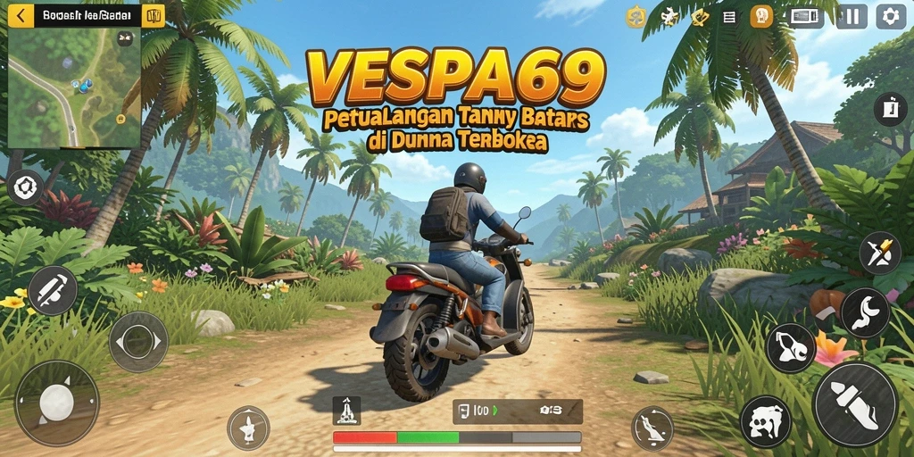 Screenshot gameplay VESPA69 memperlihatkan petualangan di dunia terbuka yang luas.